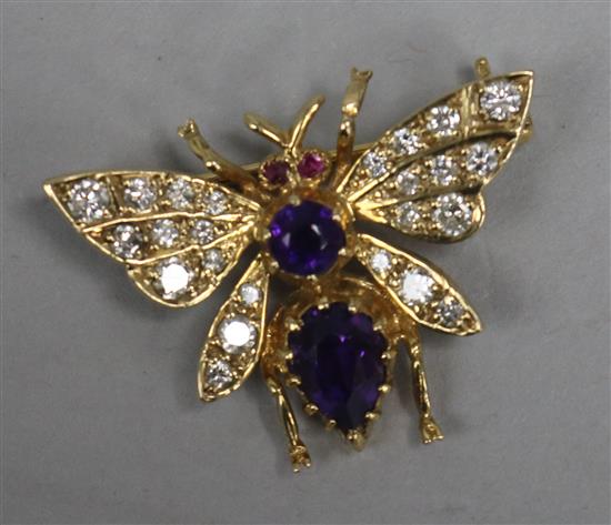 A modern 9ct gold amethyst, ruby and diamond butterfly brooch, 26mm.